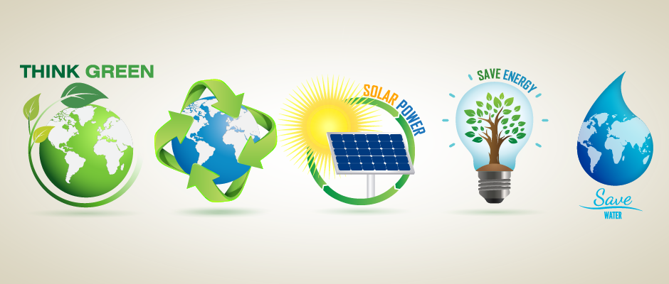 Εικονίδια Think green που απεικονίζουν τα σήματα της Ανακύλωσης, τη εξοικονόμησης ενέργειας, solar power, save energy, save water!